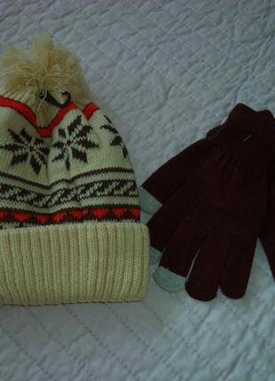 Зимний комплект шапка с помпоном, на меху+перчатки.скандинавский узор.красная,беж,серая3 фото