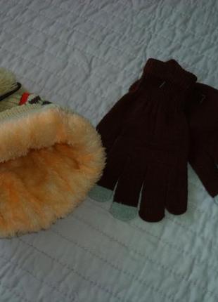 Зимний комплект шапка с помпоном, на меху+перчатки.скандинавский узор.красная,беж,серая4 фото