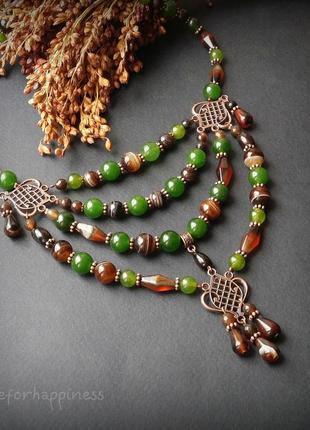 Коричнево-зеленое ожерелье бусы колье агатовое агат