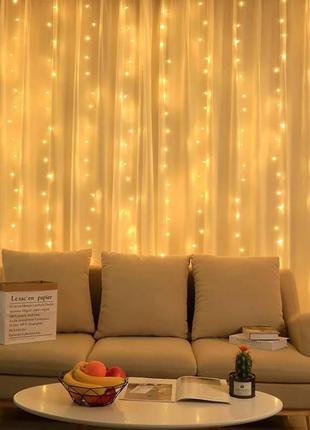 Светодиодная водонепроницаемая гирлянда-занавес штора  3*1м usb c пультом теплый3 фото