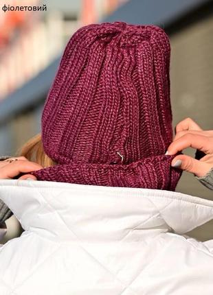 Комплект (шапка + хомут снуд шарф) женский makko на флисе малиновый2 фото