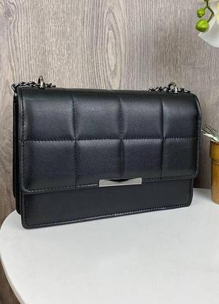 Женская мини сумочка клатч черная стеганая, сумка на плечо экококира7 фото