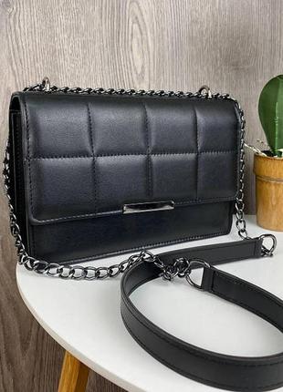 Женская мини сумочка клатч черная стеганая, сумка на плечо экококира
