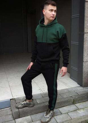 Чоловічий спортивний костюм зимовий із лампасами double теплий чорний із зеленим  ⁇  худі та штани на флісі3 фото