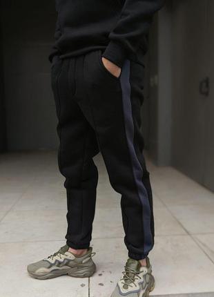 Мужской спортивный костюм зимний с лампасами double теплый черный с синим | худи и штаны на флисе2 фото