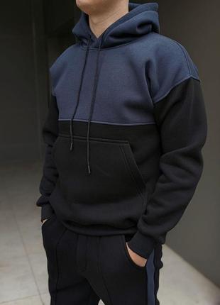 Мужской спортивный костюм зимний с лампасами double теплый черный с синим | худи и штаны на флисе3 фото