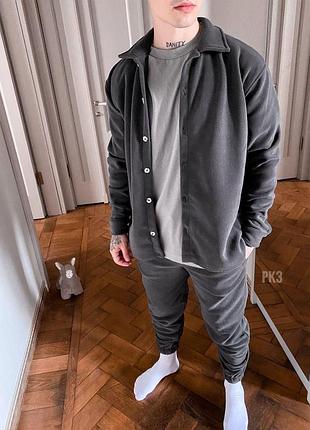 Чоловічий зимовий костюм флісовий сорочка та штани сірий  ⁇  комплект із сорочкою на флісі на зиму