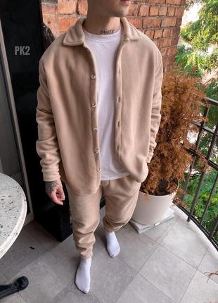 Чоловічий зимовий костюм флісовий сорочка та штани бежевий  ⁇  комплект із сорочкою на флісі на зиму