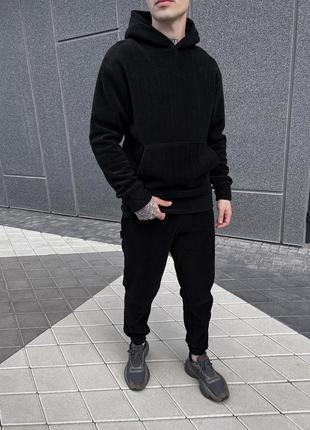 Мужской флисовый спортивный костюм оверсайз черный зимний | комплект плюшевый худи и штаны