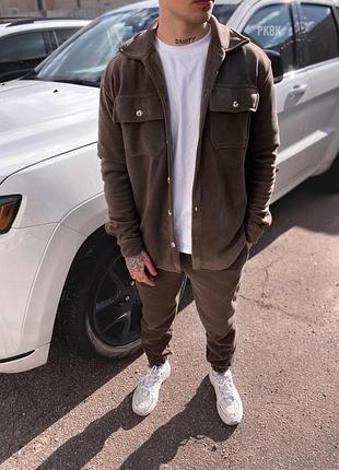 Чоловічий зимовий костюм флісовий сорочка та штани коричневий  ⁇  комплект із сорочкою на флісі на зиму