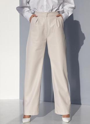 Утепленные классические кожаные широкие брюки серого цвета 42-48