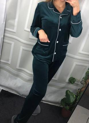 Шикарний дорогий колір😍😍 смарагдова велюрова піжама штани та сорочка на ґудзиках