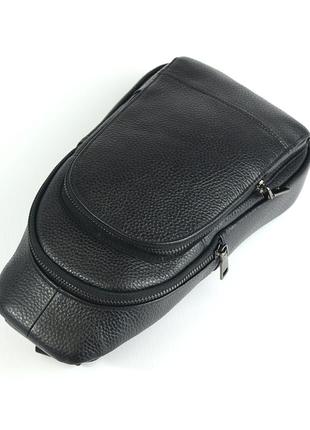 Мужская черная кожаная сумка рюкзак слинг на одно плечо молодежная сумочка из натуральной кожи5 фото