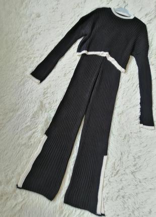 Вязаный костюм в рубчик длинные штаны палаццо укороченный свитер с длинными рукавами в'язаний костюм