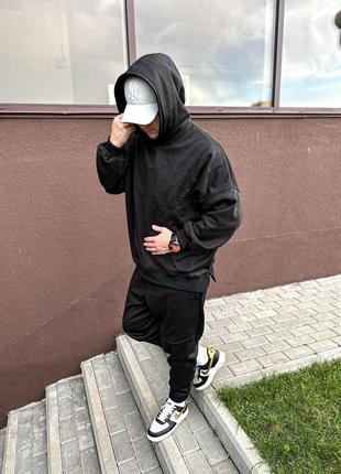 Мужской зимний спортивный костюм оверсайз черный на флисе | комплект худи и штаны с начёсом