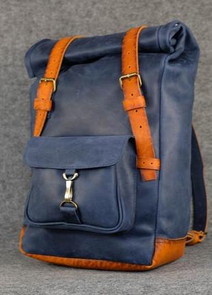 Чоловічий рюкзак "hankle h42" вінтажна шкіра колір синій + бурштин