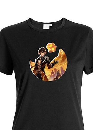 Футболка чжун лі (гео архонт моракс)   genshin impact. бавовна. чорна, біла. друк будь-якого зображення