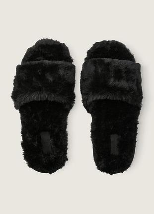 Капці victoria’s secret pink оригінал, відкриті чорні пушисті тапки