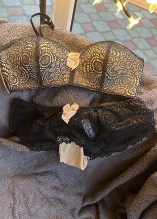 Комплект белья бежевый с черным кружком кружевом