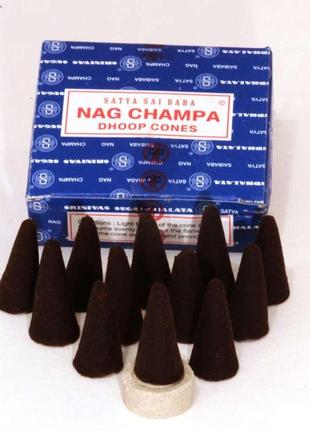 Натуральные конусные благовония nag champa dhoop cones (нагчампа конусы) от satyа (сатья) 12 шт +подставка2 фото