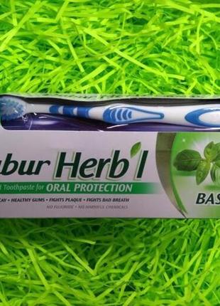 Зубна паста без фтору dabur herbal basil (дабур базилік) 150 грам. щітка у подарунок!1 фото