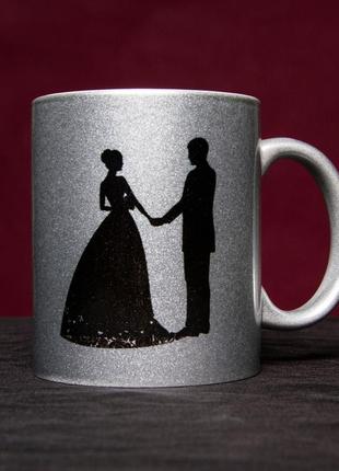 Оригинальная чашка на свадьбу серая с перламутром2 фото