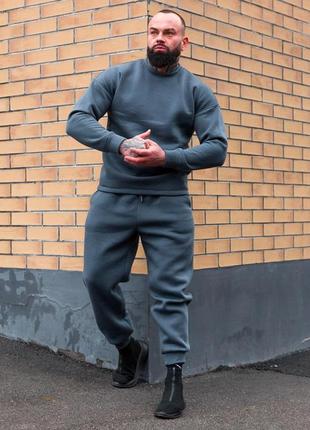 Мужской зимний спортивный костюм без капюшона серый | комплект утепленный свитшот и штаны с начесом7 фото