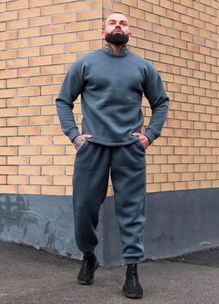 Мужской зимний спортивный костюм без капюшона серый | комплект утепленный свитшот и штаны с начесом6 фото