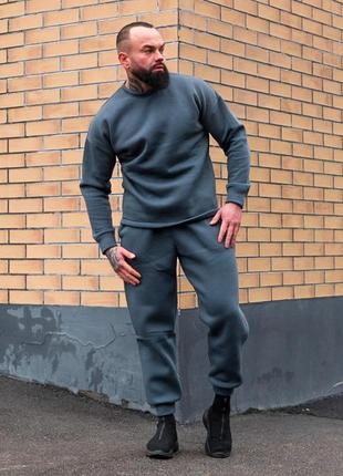 Мужской зимний спортивный костюм без капюшона серый | комплект утепленный свитшот и штаны с начесом3 фото