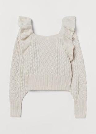 Белый бежевый вязаный свитер кофта вязаная с воланами рюшами на плечах широкими рукавами кроп h&m2 фото
