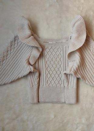 Белый бежевый вязаный свитер кофта вязаная с воланами рюшами на плечах широкими рукавами кроп h&m6 фото