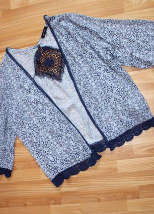 Кардиган накидка / удлиненное болеро / пончо с ажурными синими кантами, 18/46