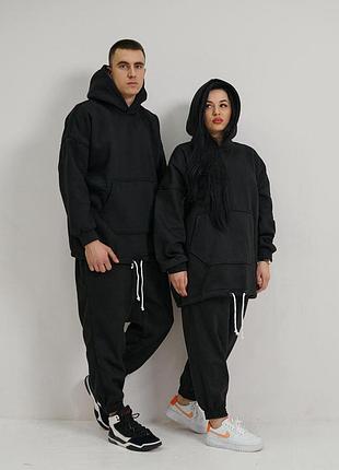 Парний спортивний костюм на флісі оверсайз чорний  ⁇  комплект family look худі та штани жіночий і чоловічий