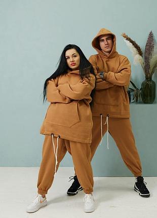 Парний спортивний костюм на флісі оверсайз коричневий  ⁇  комплект family look худі та штани жіночий і чоловічий