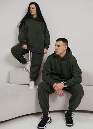 Парный спортивный костюм на флисе оверсайз хаки | комплект family look худи и штаны женский и мужской