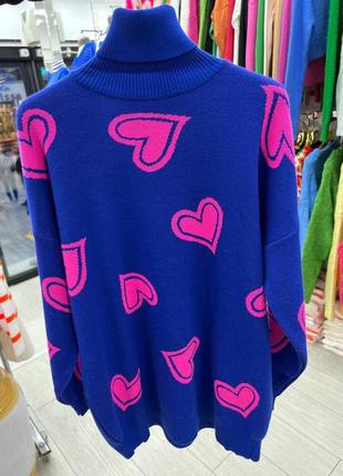 Кофта свитер турция с горлом оверсайз свободного кроя фуксия малина розовый синий с сердечками1 фото