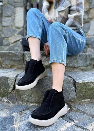 Лоферы на обновленной подошве, черный, натуральная замша, деми/зима