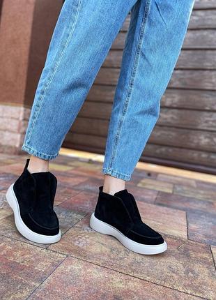 Лоферы на обновленной подошве, черный, натуральная замша, деми/зима