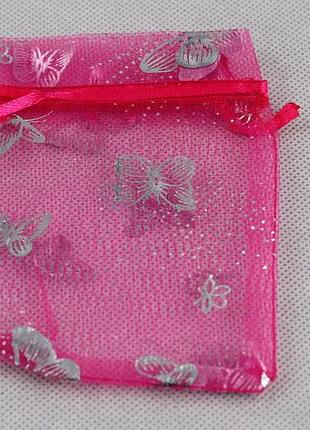 Мешочек из органзы цвет малиновый с серебристыми бабочками 11.5 см на 9 см