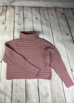 Бежевый розовый короткий вязаный свитер кофта кроп оверсайз кофта укорочена под горло new look