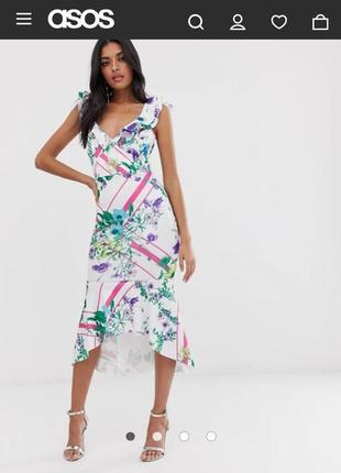 Платье рыбка из неопрена в цветочный принт с рюшами, оборками asos