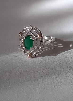 💍 17.5 размер кольцо серебро с золотом фианит зелёный