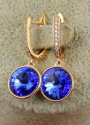 Серьги подвески xuping jewelry сваровски камень в ободке синие хамелеоны 3 см золотистые2 фото