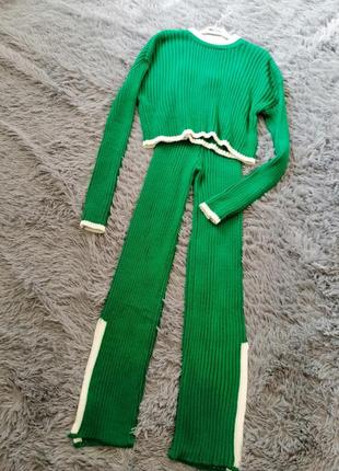 Вязаный нежный кашемировый костюм в рубчик длинные штаны палаццо высокая посадка свитер оверсайз уко