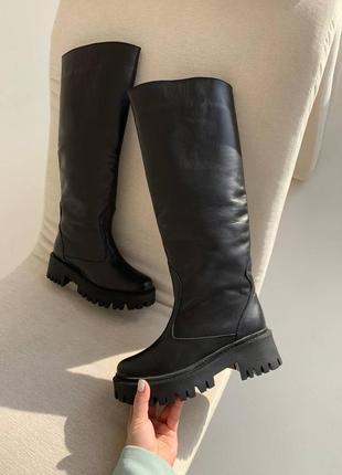 Зимові шкіряні чобітки з хутром натуральна шкіра високі чоботи сапожки чорні зима єврозима кожа мех труби теплі та зручні8 фото