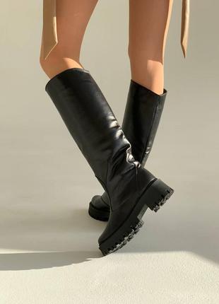 Зимові шкіряні чобітки з хутром натуральна шкіра високі чоботи сапожки чорні зима єврозима кожа мех труби теплі та зручні3 фото