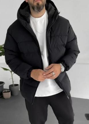 Куртка черная мужская с капюшоном спортивная тепла качественная курточка дутик дута короткая батал крупные качественная с утеплителем утепленная зима осень пуховик