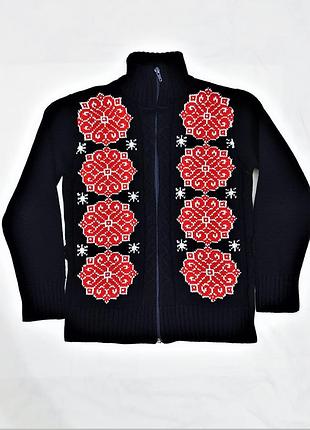 Кофта-куртка на молнии на девочку 9-10-11 лет тёмно-синяя красный орнамент трикотажная кофта-свитер