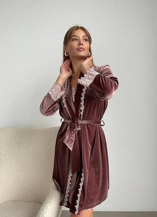 Велюрова оксамитова ночнушка з халатом, нічна сорочка, комплект для дому