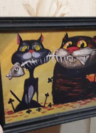 Прикольная картина коты оригинал едят рыбку кость 2 кота киси маслом креатив винтаж 2001 уникальная2 фото